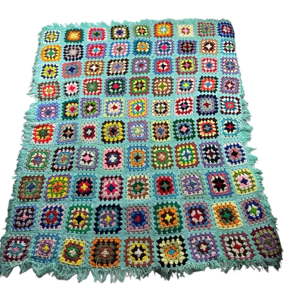 Handmade Crochet Afghan Throw Fringe Granny Square Blanket 67x63